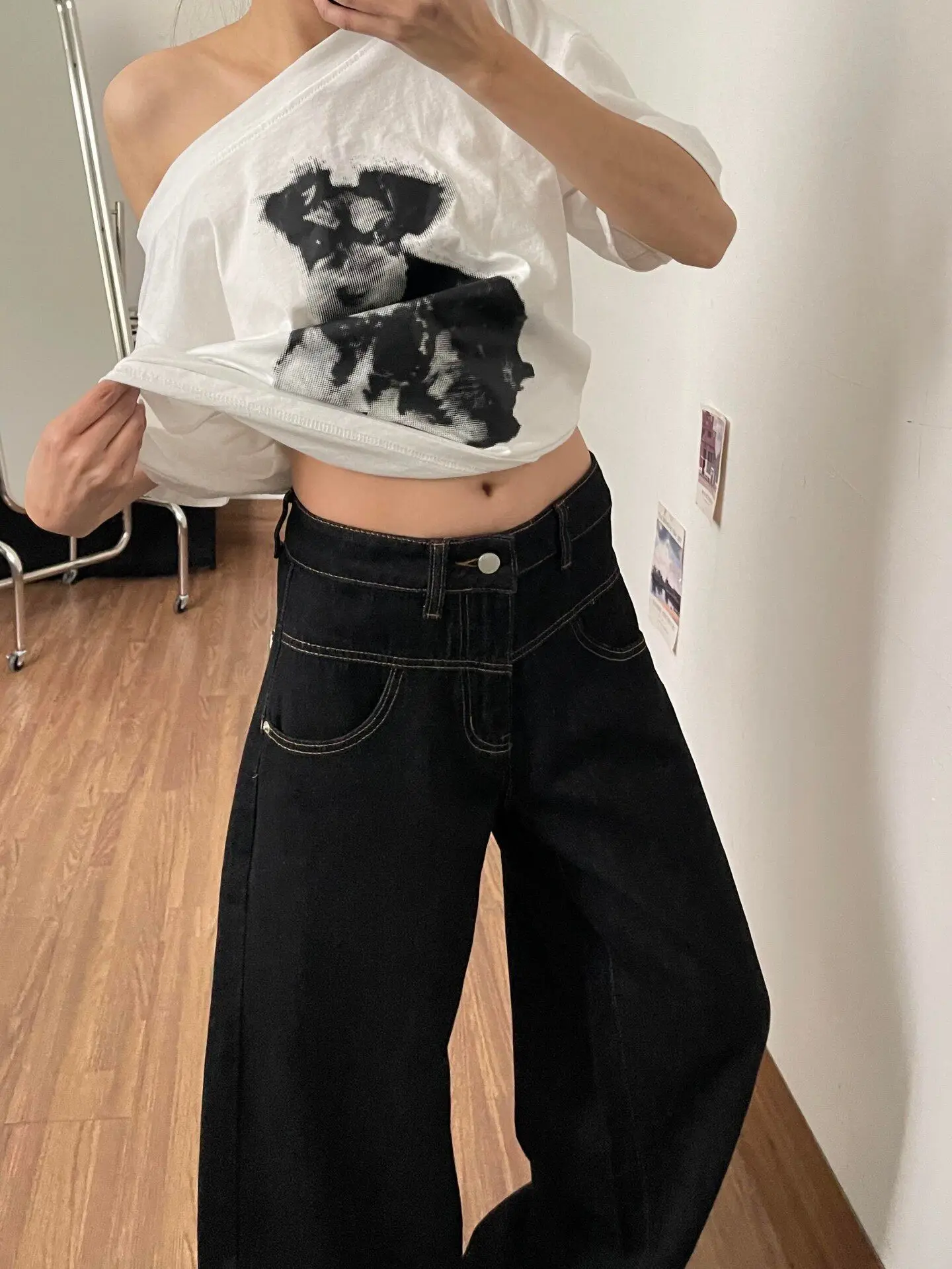 Stars Printed Loose Straight Leg Jeans Men's High Street Vibe Wide Leg Pants American West Coast Style Casual Loose Fit
