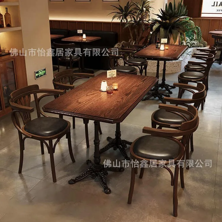 Retro cafe table and chair combination Western restaurant Milk tea shop Solid wood  Dessert shop Qingba