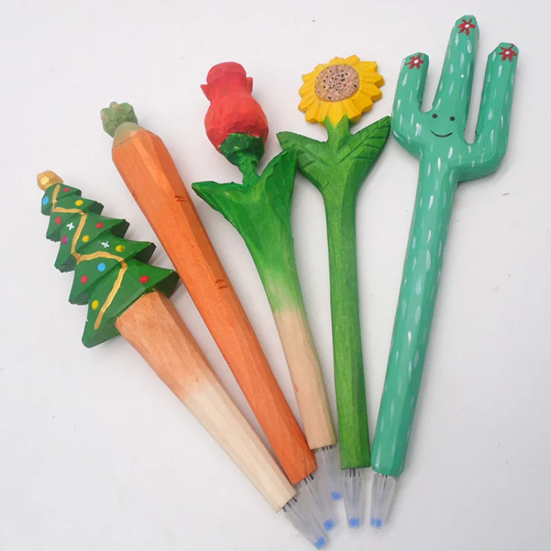 Cartoon creative gift stationery lovely wood carving pen 0.5m animal pen art neutral pen wood craft pen