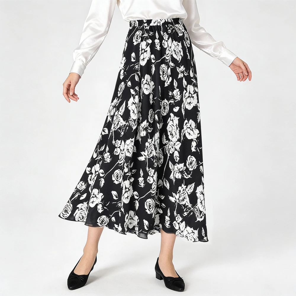 Women's Casual Summer Clothing Elegant Natural Mulberry Silk Double Crepe (lined with Silk Cotton) Large Swing Elegant Skirt
