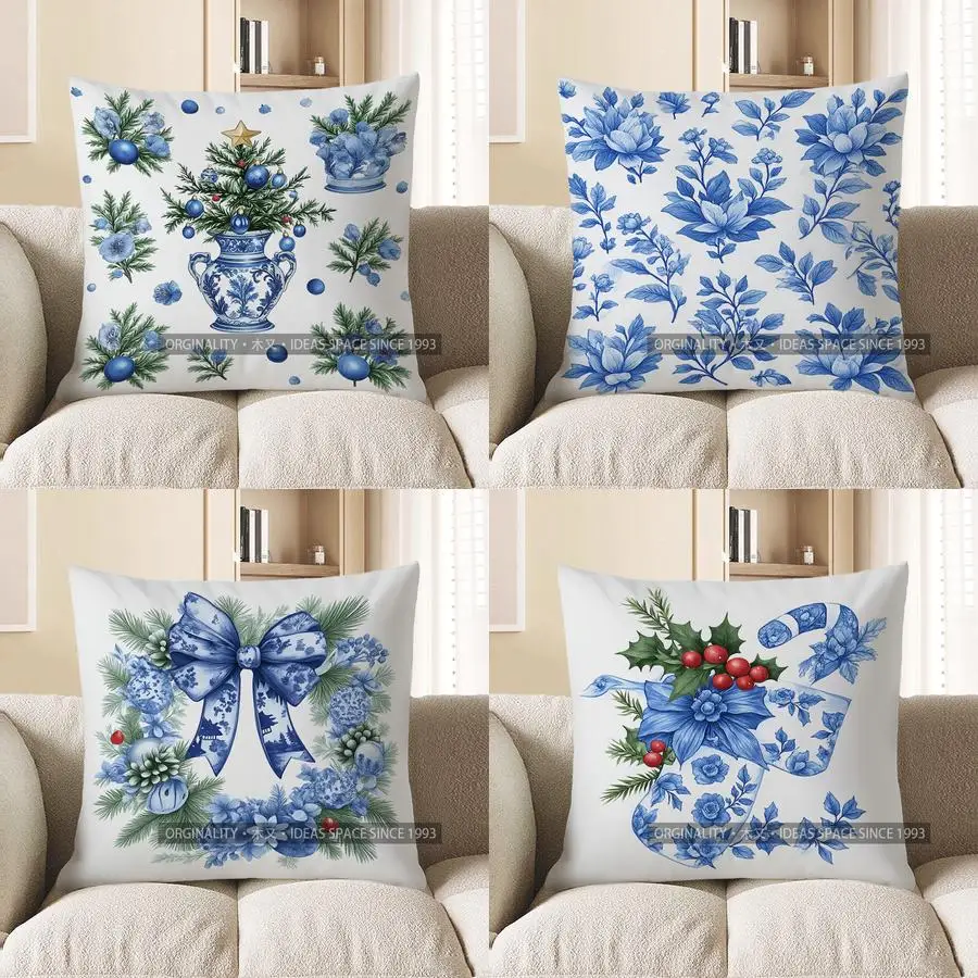 Wohnkultur Blau Delft Weihnachtsbaum Muster Wurf Kissen Muster Kissenbezug Geeignet Für Sofa Schlafzimmer Auto Kissenbezug