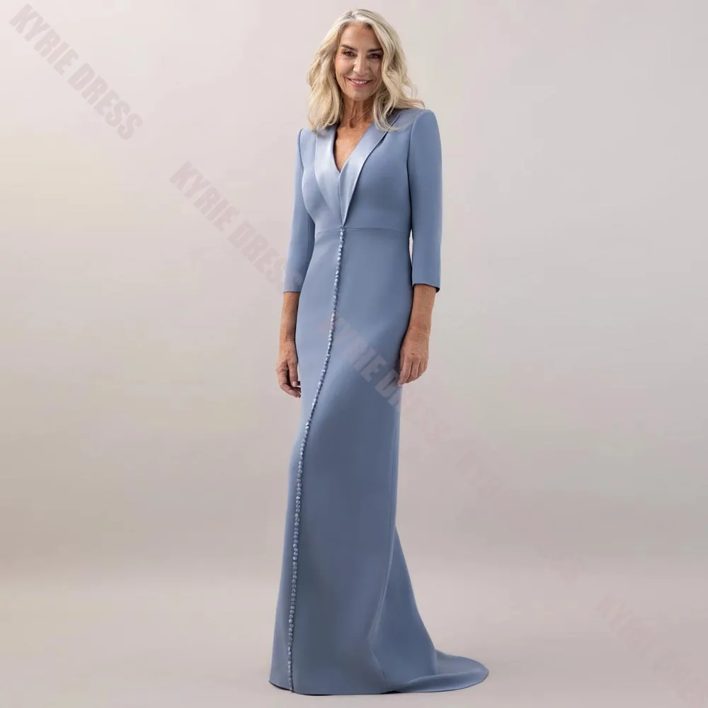 Fashion Mother of The Bride Dress Customized V Neck 3/4 Sleeves Buttons Floor Length for Women Wedding Guest Gown Evening Dress