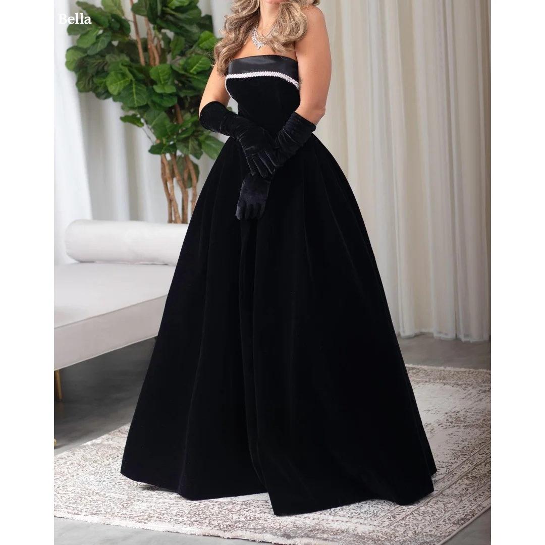 

Bella Customize Black Pearls Gloves robes de soirée Strapless Backless Prom Dresses Floor-Length A-line Satin Wedding Dress 2025