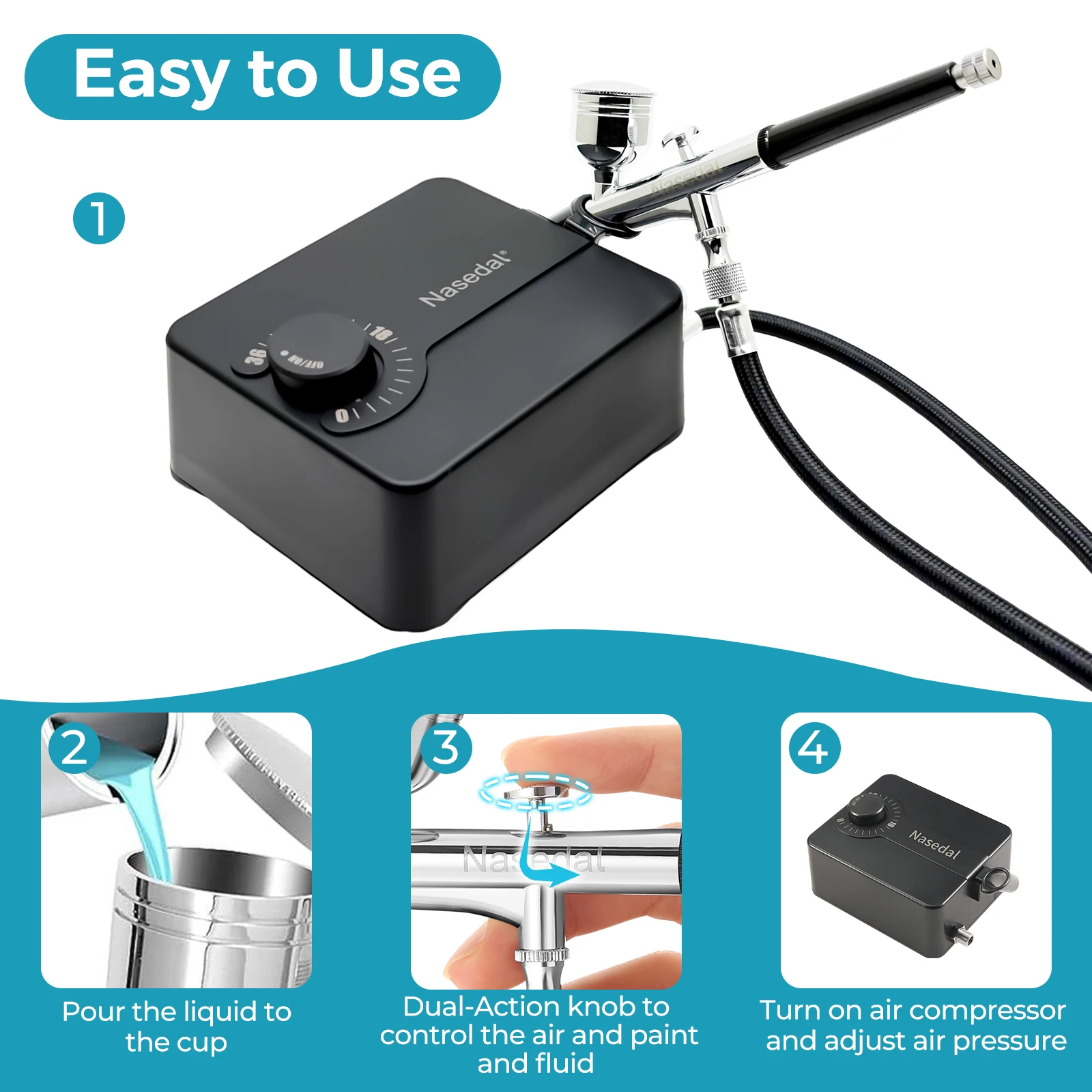 Nasedal Airbrush Auto-stop Compressor Kit Dual-Action Spray Gun 0.3mm Airbrush Kit for Nail Art Model Cake Car Painting NT-56B