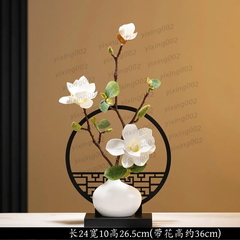 Artificial Magnolia Flower Arrangement, New Chinese‑Style Floral Decor, Desktop Ornament for Living Room Tea Room Display Shelf