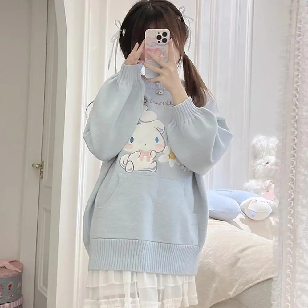 Anime Sanrio Cinnamoroll Girl Embroidery Sweater Spring Autumn Cartoon Cute Loose and Sweet Knitted Tops Long Sleeves Gifts