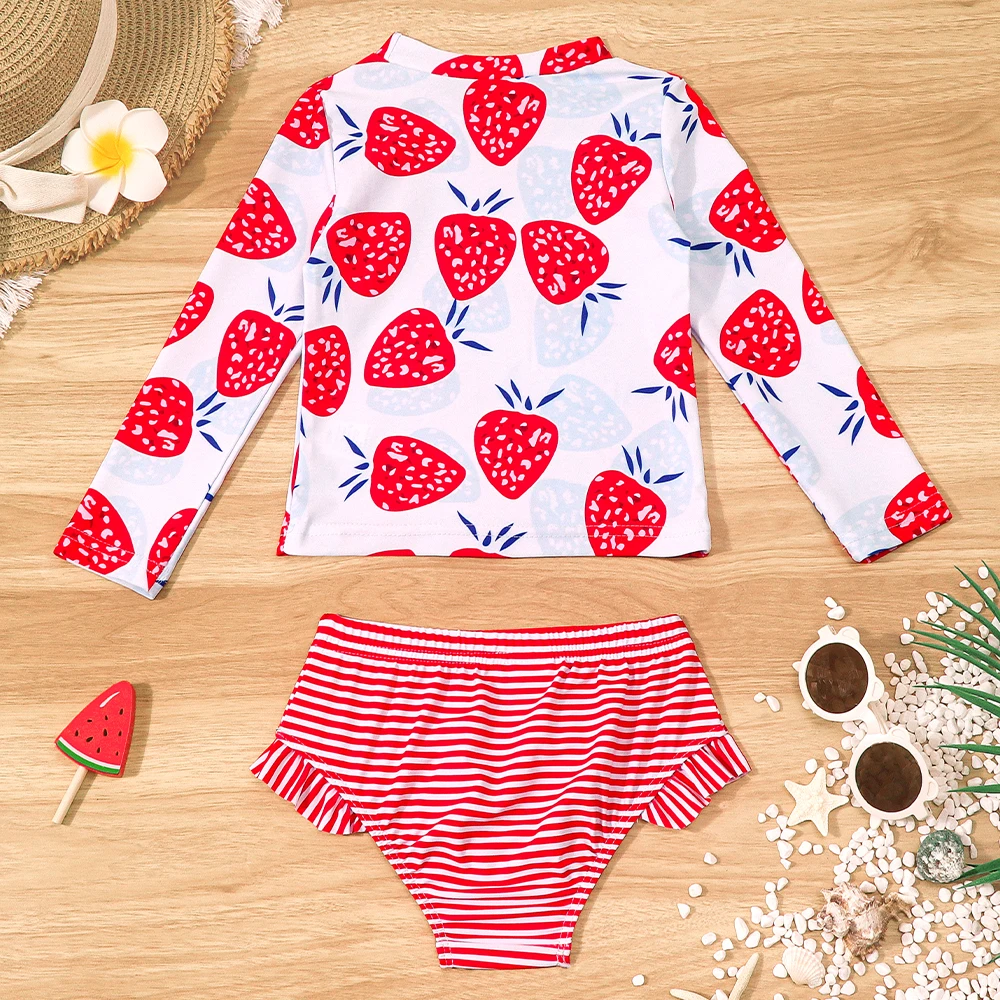 Baby Girls Two Piece Swimsuit Strawberry Print Swimwear Kids Swimming Clothing Long Sleeve Summer Beachwear Bathing Suit