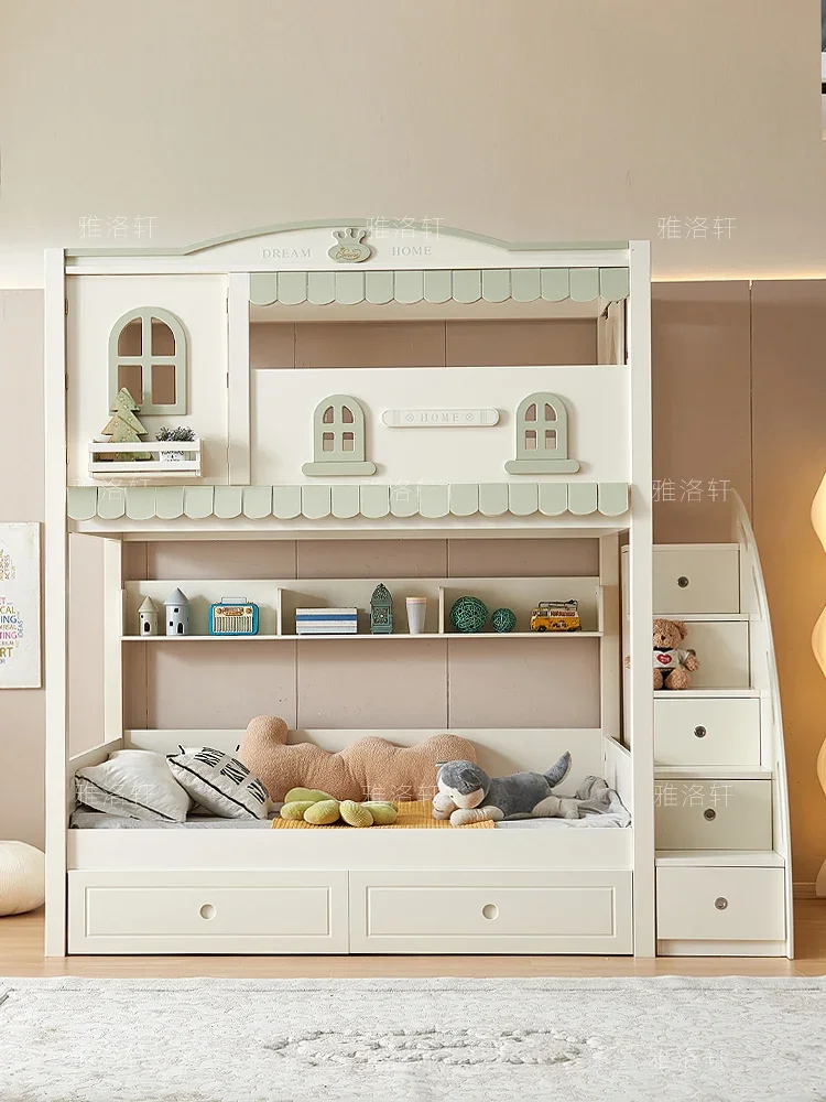 Children's bed with double layered upper and lower bunks, high and low treehouse bed, mother bed with the same width above