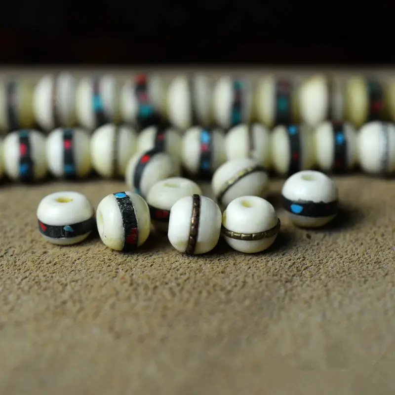 10Beads 10mm ibetan Beads Tibet Yak bone Inlaid Copper Metal Silk belt Mala Bead Hand Colorful beads TSB0331 