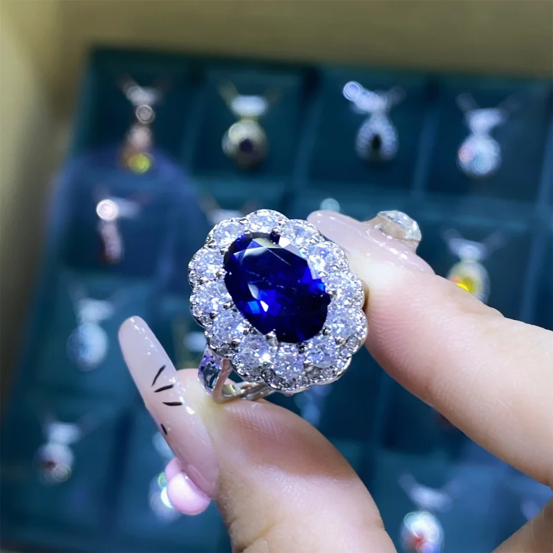 Spinel Blue Corundum Full Diamond Luxurious Open Ring for Women Elegant Pendant Earrings Three-Piece Set