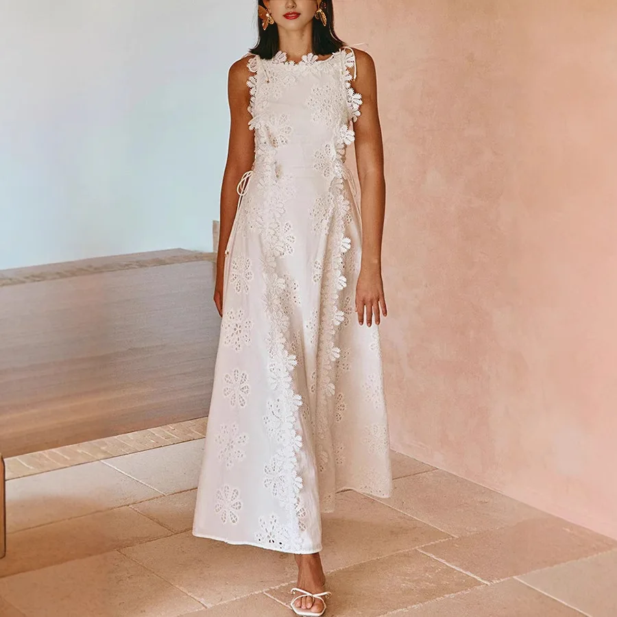 

White Hollow Out Flower Lace Long Dresses Women Summer Elegant Vacation Style Sleeveless Dress Fashion Temperament Lady Vestidos