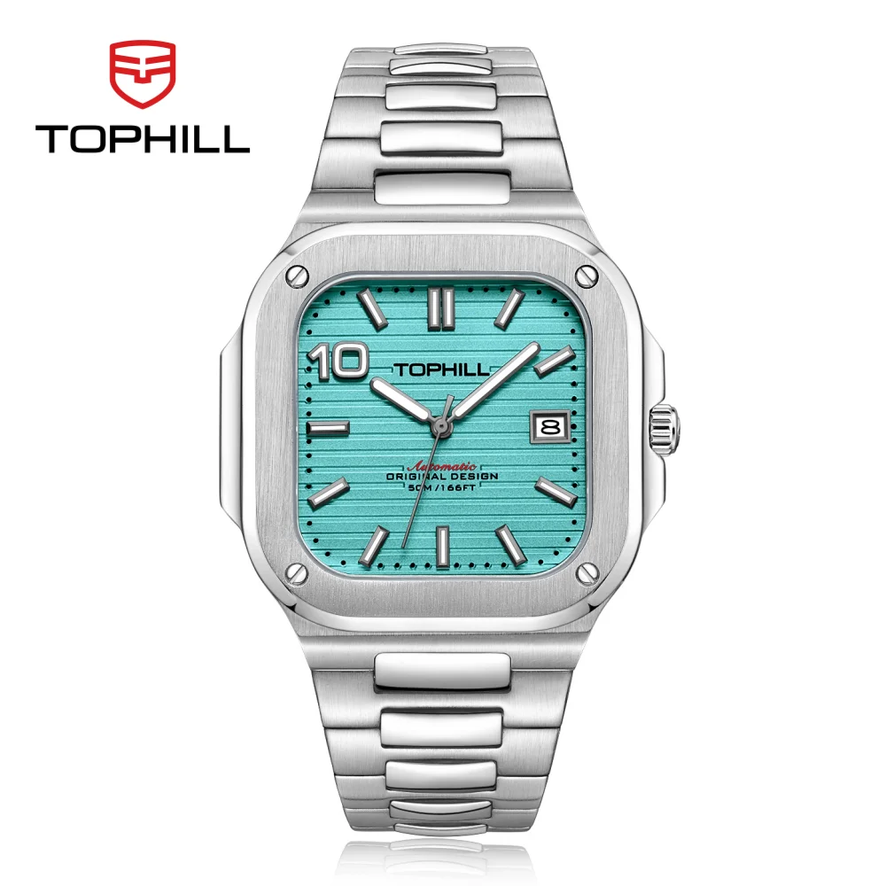 TOPHILL 39mm 9019 Ultra Thin Square Case Men Automatic Watch Waterproof Mechanical 5Bar 3H Date DS-1 Super Luminous TW089G