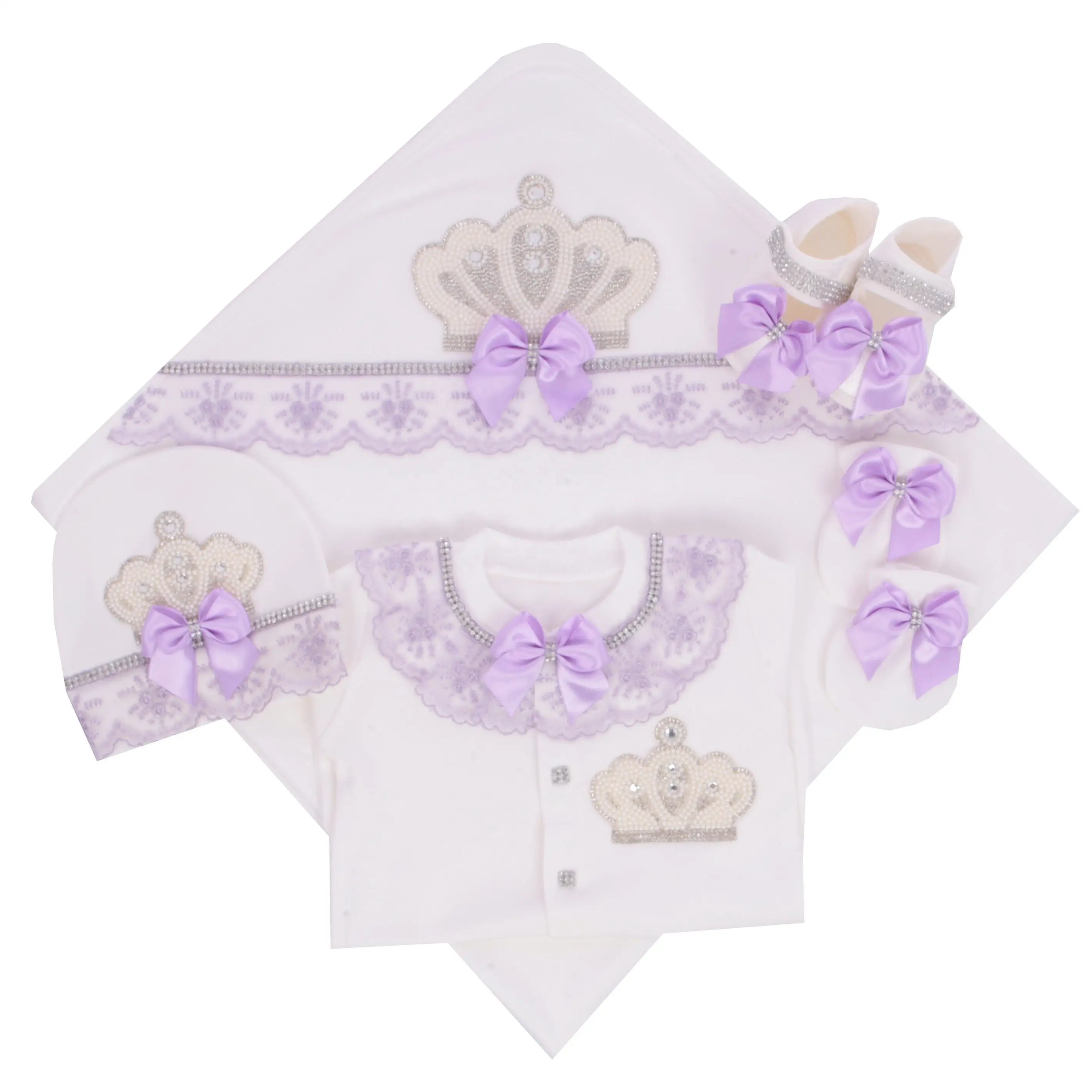 Beautiful Baby Girl 5Pcs Layette Set Purple Bow Crown Embroidered Lace Footed Romper Hat Gloves Receiving Blanket