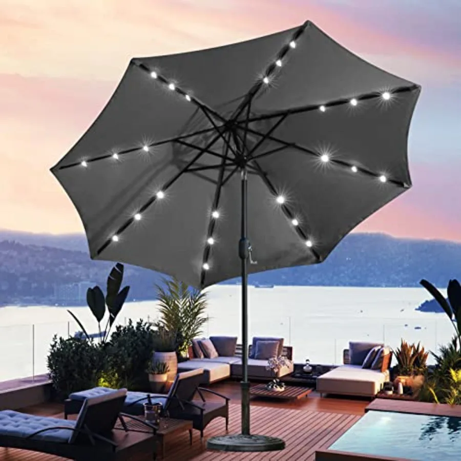 9' Solar LED Lighted Umbrella with 8 Ribs Adjustment and Crank Lift System for Patio