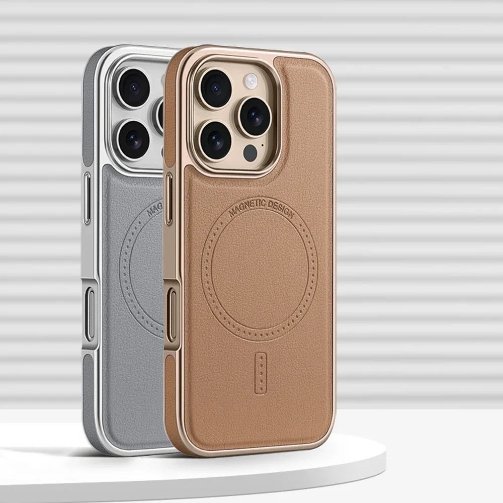 

Luxury Business Plating Frame Leather Magnetic Back Case For iPhone 16 15 14 13 Pro Max Magsafe Wireless Charge Shockproof Cover