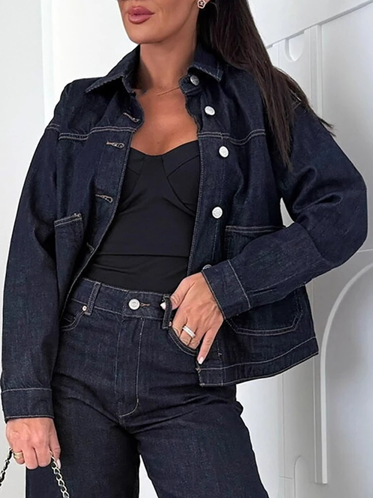 

Новое уличное пальто с карманами и длинными рукавами, винтажная верхняя одежда для поездок на работу, осенне-зимняя женская однобортная джинсовая куртка с лацканами