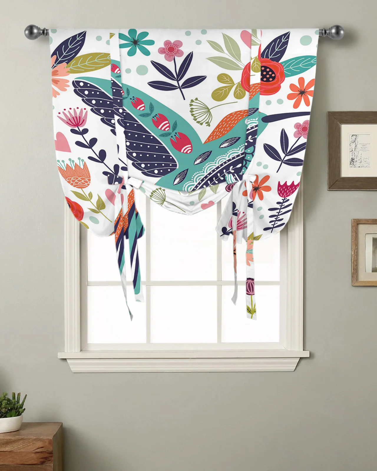 

Birds Flowers Leaves Window Curtain for Living Room Roman Curtains for Kitchen Cafe Tie Up Short Drapes