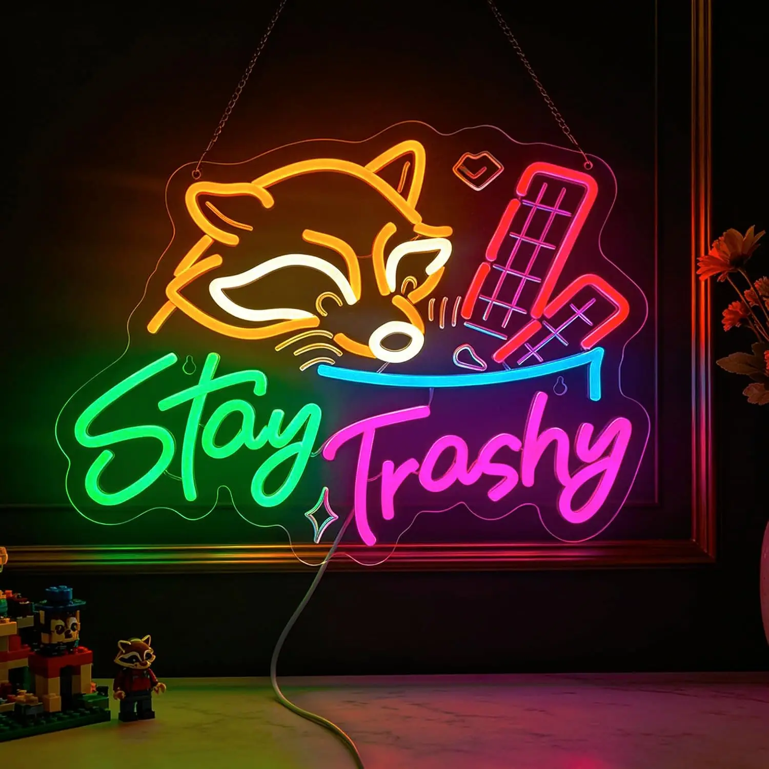 Stay Trashy Neon Sign USB Powered LED Neon Light Funny Raccoon Trash Can Neon Lamp for Bar Man Cave Bedroom Wall Art Decor Gift