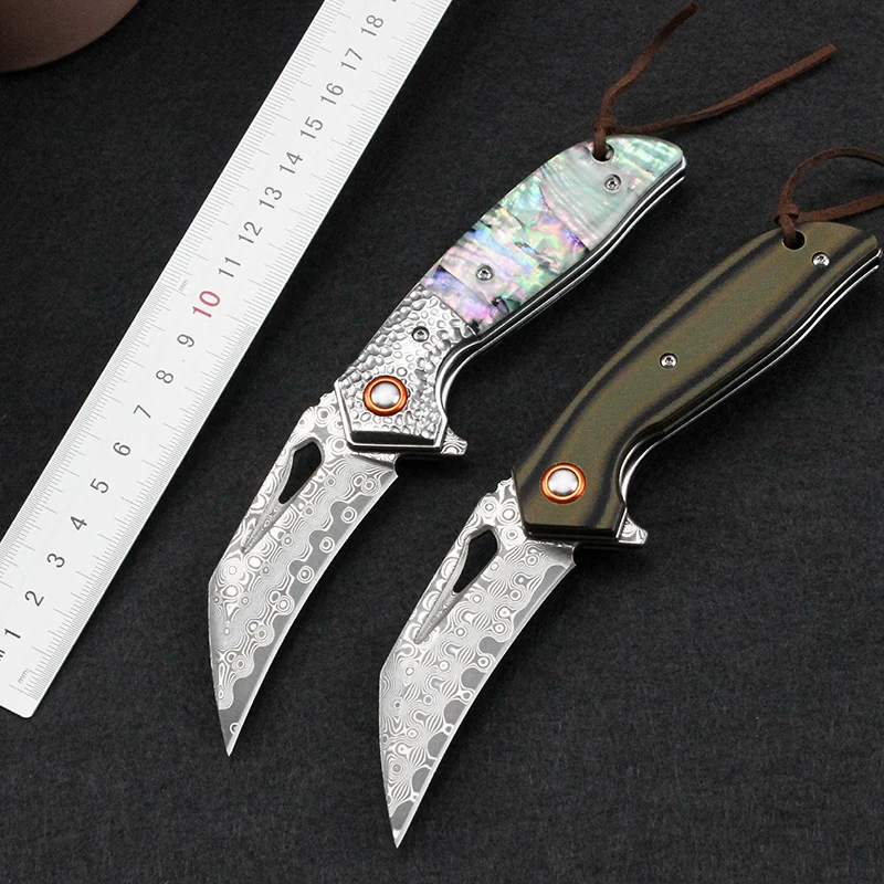 Folding Blade Knife Free shipping sharp Damascus steel imports blacksmithing camping tool shell and G10 handle outdoor EDC Tool