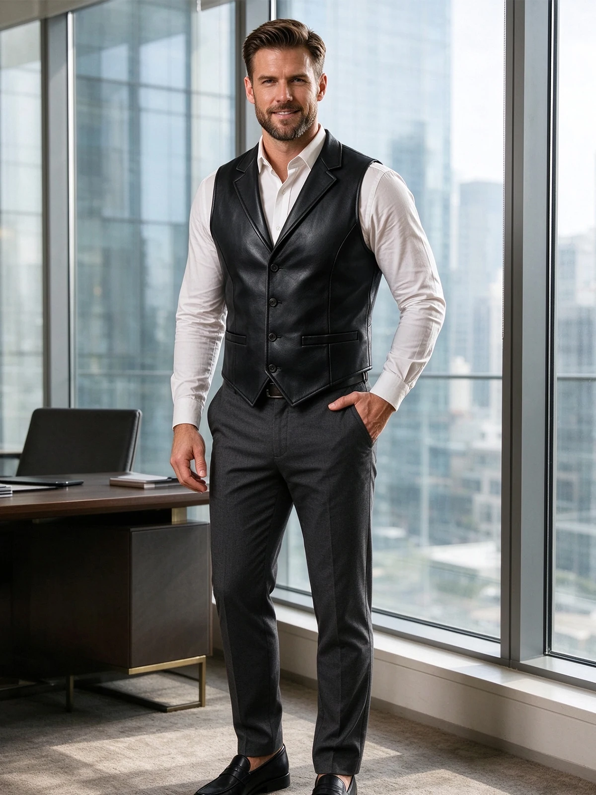 Men's Notched Lapel Black Faux Leather Vest Men Waistcoat Vest Sleeveless Coat Vintage Slim Fit Dress Vest For Party Casual