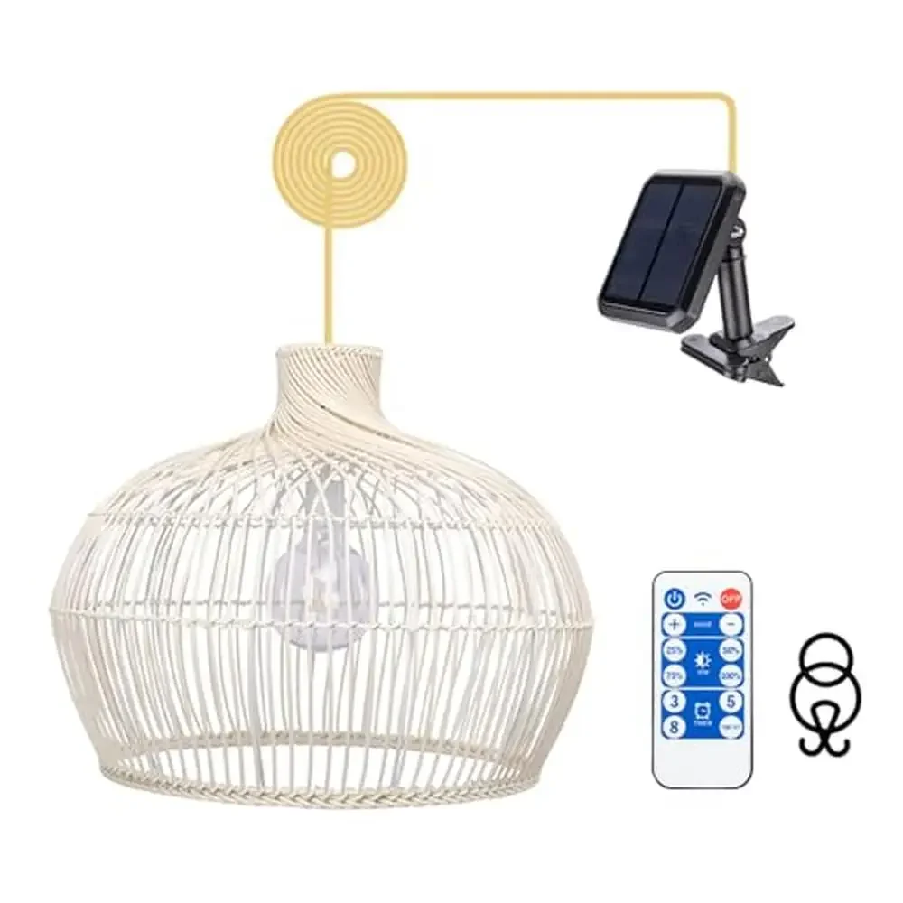 Outdoor Solar Hanging Lantern Boho Rattan Pendant Light with Remote Control Weather Resistant Solar Chandelier 4 Modes & Timer