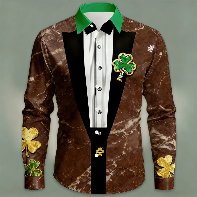 قميص رجالي جديد بأكمام طويلة وراقية بطباعة البرسيم ثلاثي الأبعاد على طراز الشارع قميص رخامي فضفاض ومريح