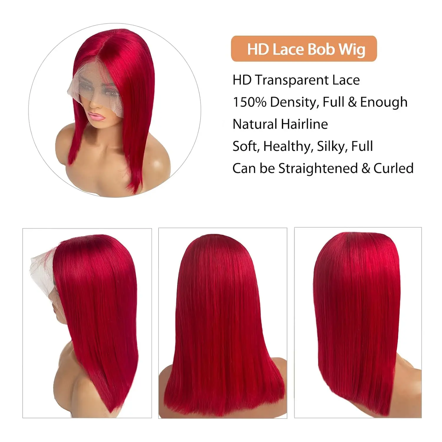 Colored Bob Wigs Human Hair 13x4 HD Transparent Lace Front Wigs Brazilian Glueless Red Color Straight Bob Lace Wig for Woman