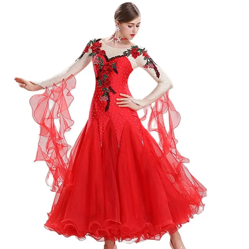 

Exquisite Tailoring Fit and Flared Red Standard Ballroom Dress For Competition Waltz Dance Dress Foxtrot Dance Wear Ball Gown