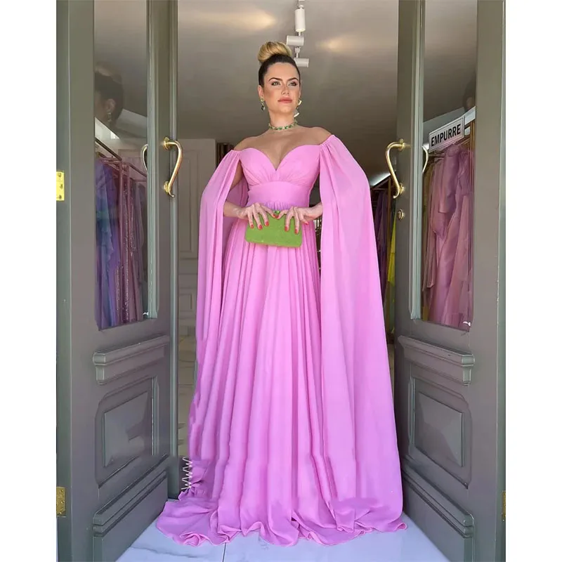 Sexy Pink Off Shoulder Evening Dresses Off Shoulder Cap Sleeves A-Line Floor-Length Saudi Arabia Prom Gowns