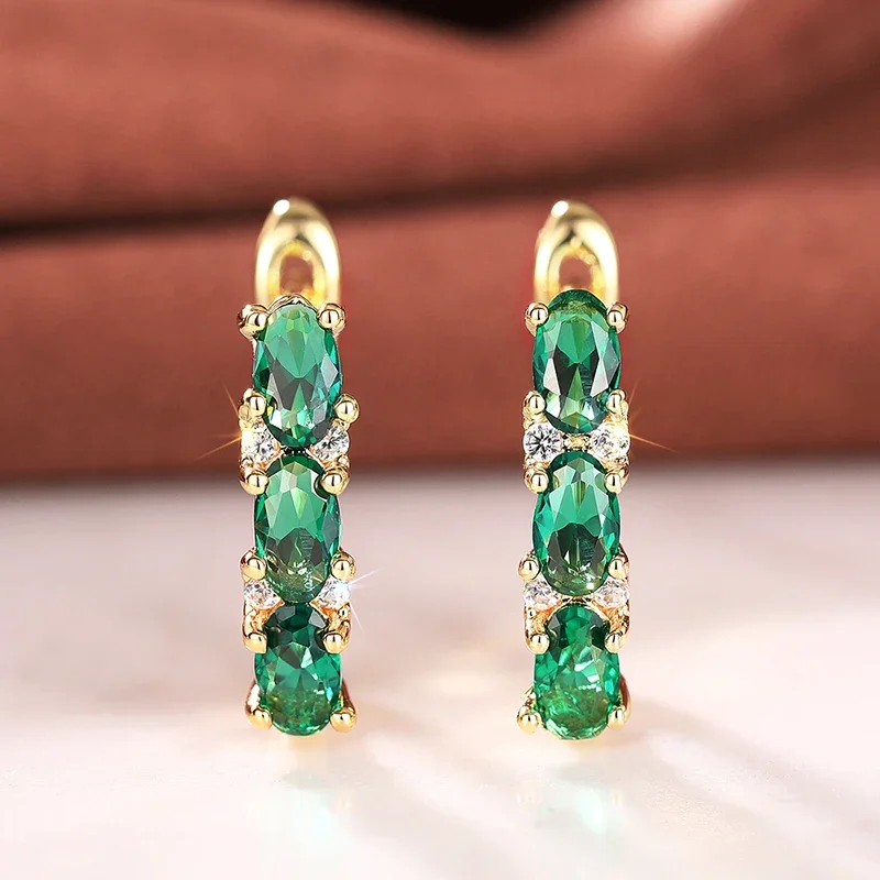 Huitan Fresh Shiny Green Cubic Zirconia Hoop Earrings for Women Newly Trendy Party Ear Accessories Daily Wearable Jewelry Gifts