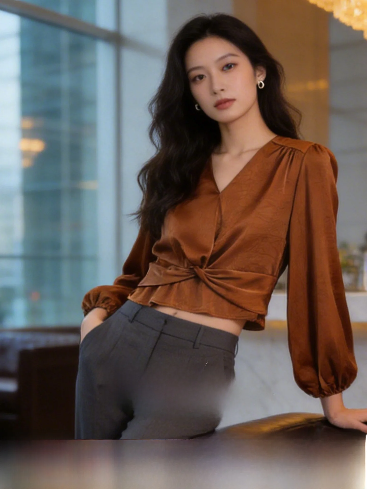 

Summer New Vintage plus Size Satin Acetate V-neck Waist-cinched Slim Long Sleeve Overhead Top Women's Comfortable Breathable ...