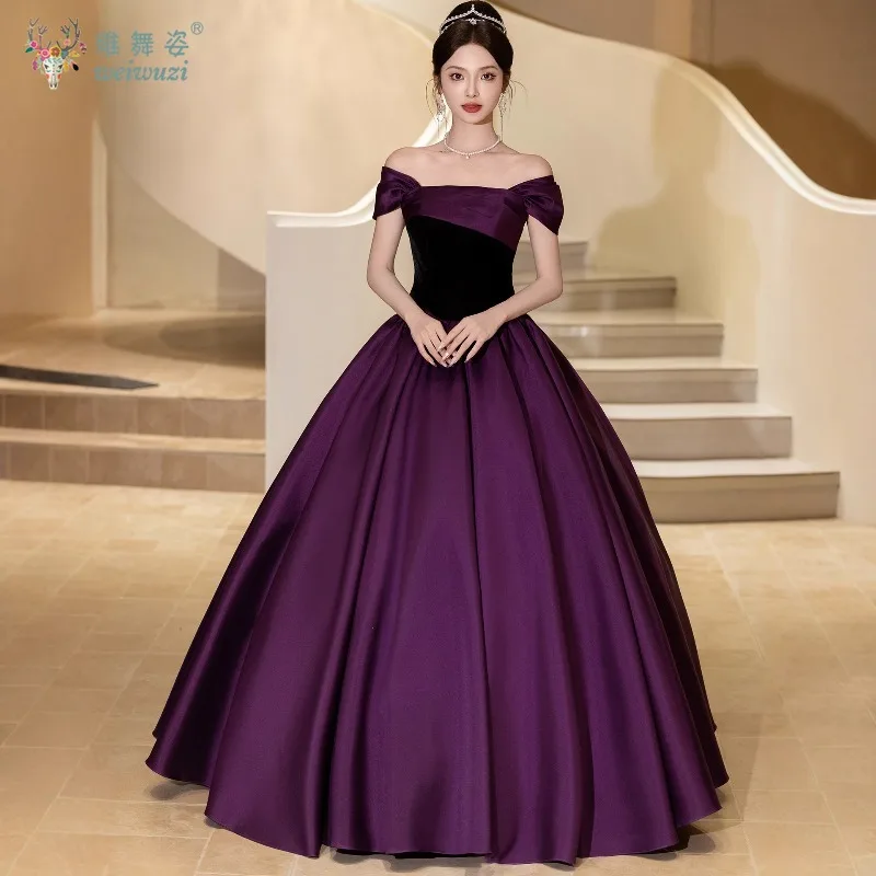 Vestido largo de noche de fiesta para mujer, elegante vestido morado de satén negro con cuello barco y hombros descubiertos, traje de actuación de concierto