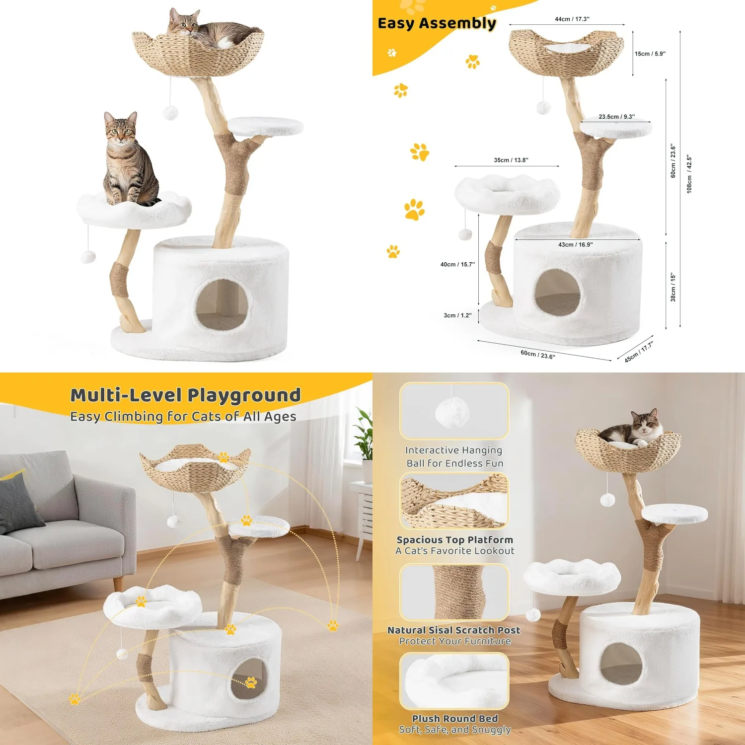 

42.5" Multi-Level Cat Tree Tower – Cozy Cat Condo, Woven Seagrass Basket, Sisal Scratching Posts, Indoor Playground, Customized