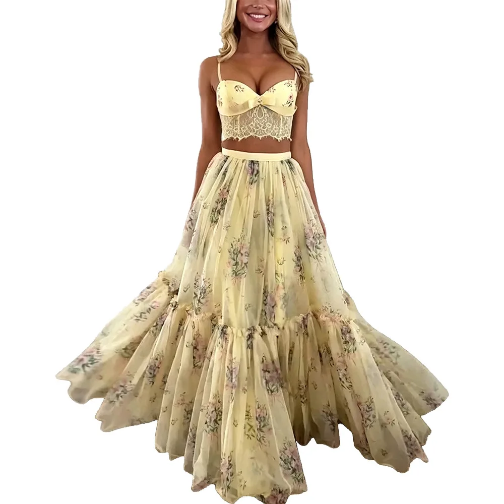 Women's Two-piece Set: Camisole Top And Tie-front Midi Skirt Featuring A Printed Chiffon. Textile And A Chained Waist.   Style