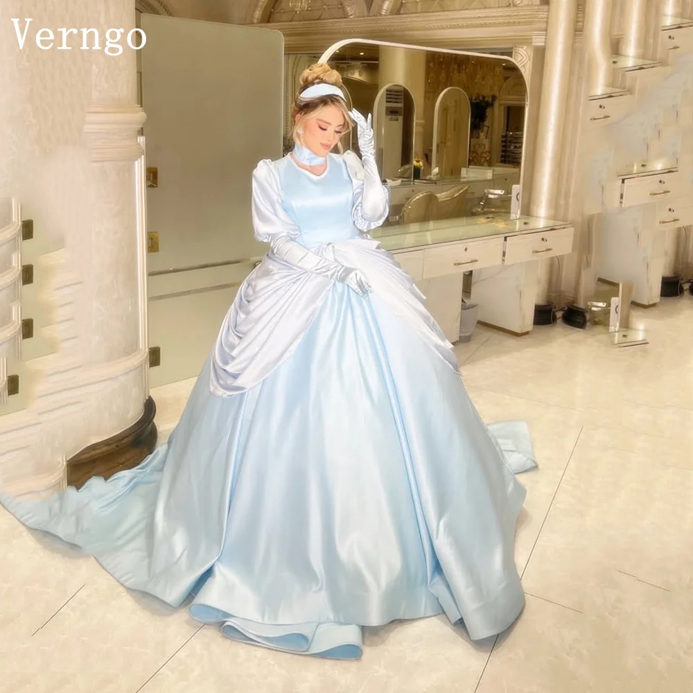 

Verngo Голубое атласное вечернее платье O Nech с длинными рукавами, милые трапециевидные платья для выпускного вечера, элегантное вечернее платье принцессы по индивидуальному заказу