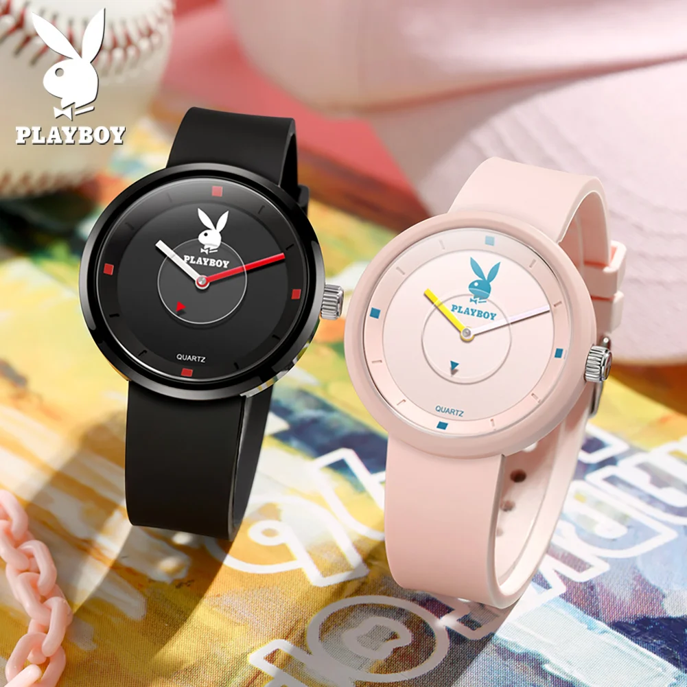PLAYBOY Women Quartz Watch  Simple Casual Wristwatch Comfortable Soft Silicone Strap Waterproof Fashion Ladies Dress Watch 3059