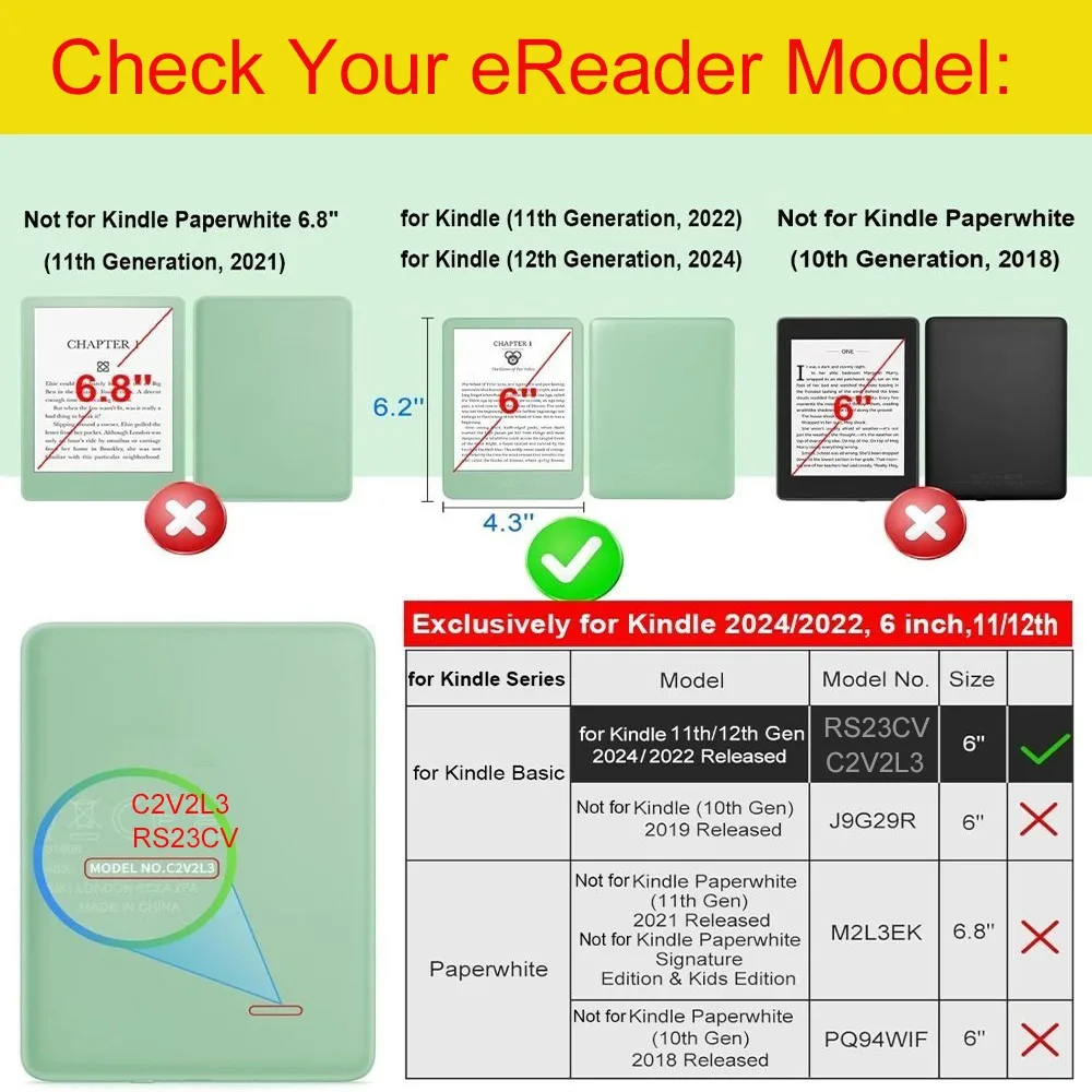 6 Inch E-Reader Cover Leather C2V2L3 RS23CV Protective Case for Kindle Basic 2022/2024 Released 11/12th Generation