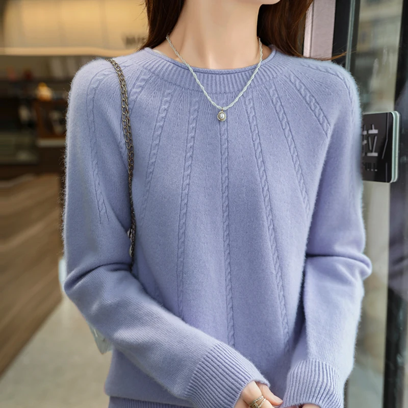 100% Merino Cashmere Fall/Winter new Women's sweater with rolled edge crewneck jumper Fashion striped warm base knit shirt