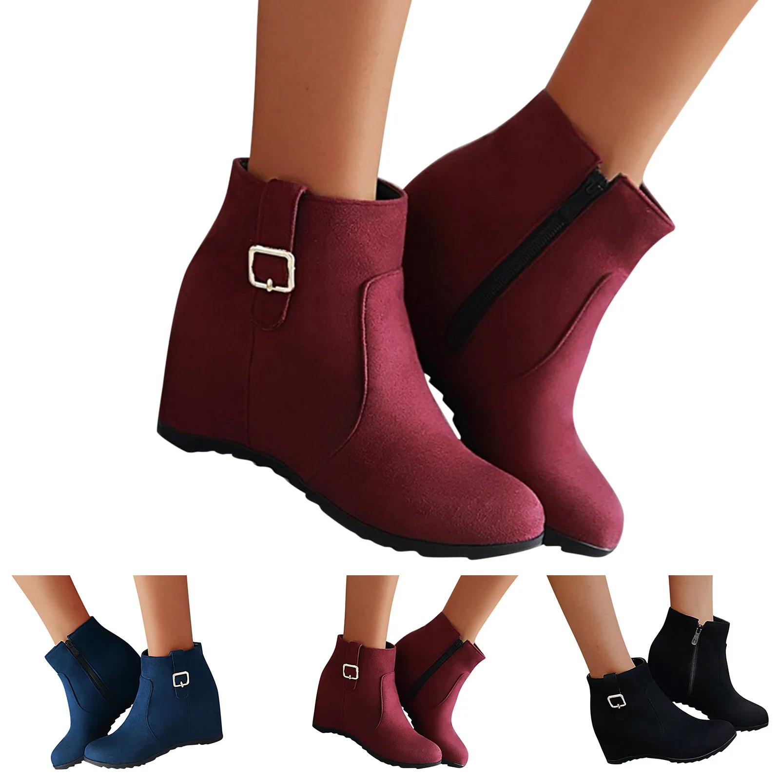 Ladies Fashion Solid Color Belt Buckle Inner Heightening Wedge Heel Side Zipper Boots Compression Socks Running Women Mid Calf