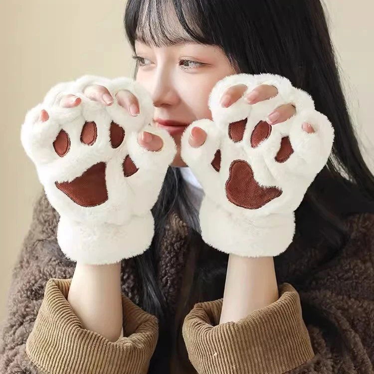 Plush Cat Paw Gloves for Women Girls Cute Soft Velvet Fingerless Bear Gloves Gifts Winter Fluffy Warm Claw Half Fingers Gloves