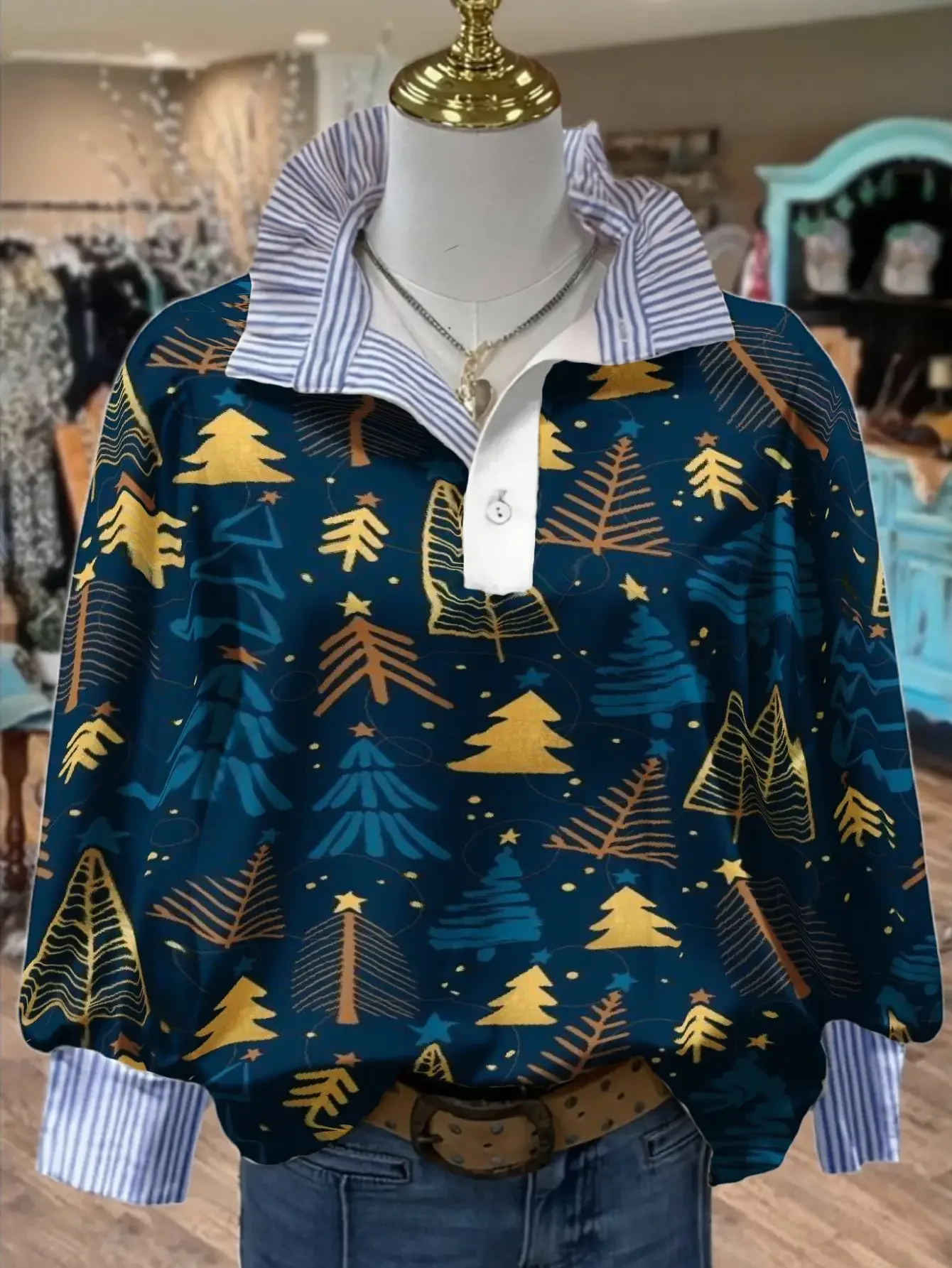 

Ladies' Large Christmas Printed Stand up Collar Shirt (S-2XL) - Long Sleeve Style,