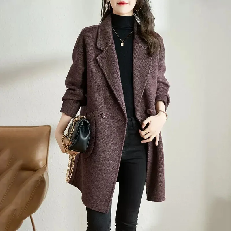 New Women's Korean Woolen Coat Autumn Winter Plus Cotton Thicke Warm Long Woolen Jacket Female Word Grain Windproof Outerwear