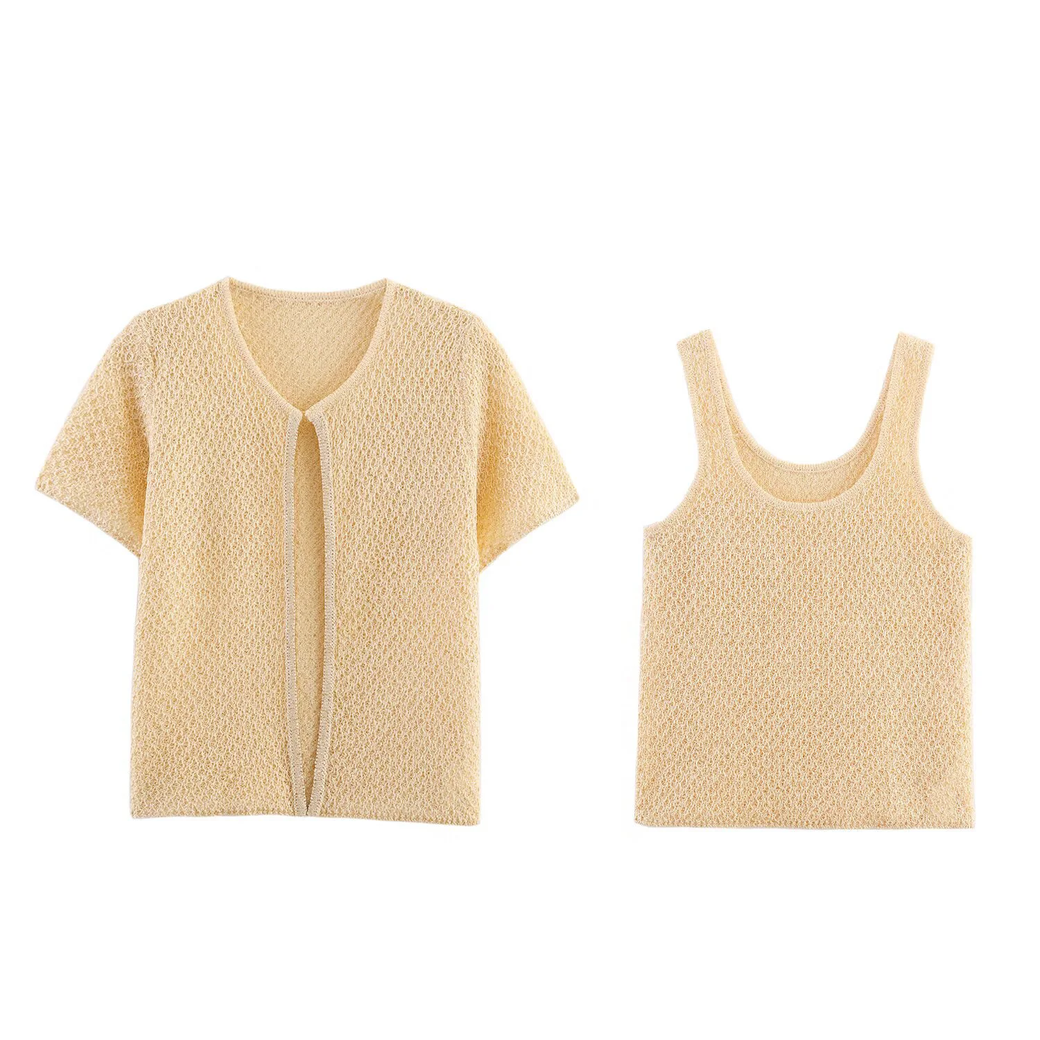 Gilet camisole tricoté de tempérament doux français + ensemble à manches courtes pour femmes, nouveau style d'été, ensemble deux pièces intérieur et extérieur