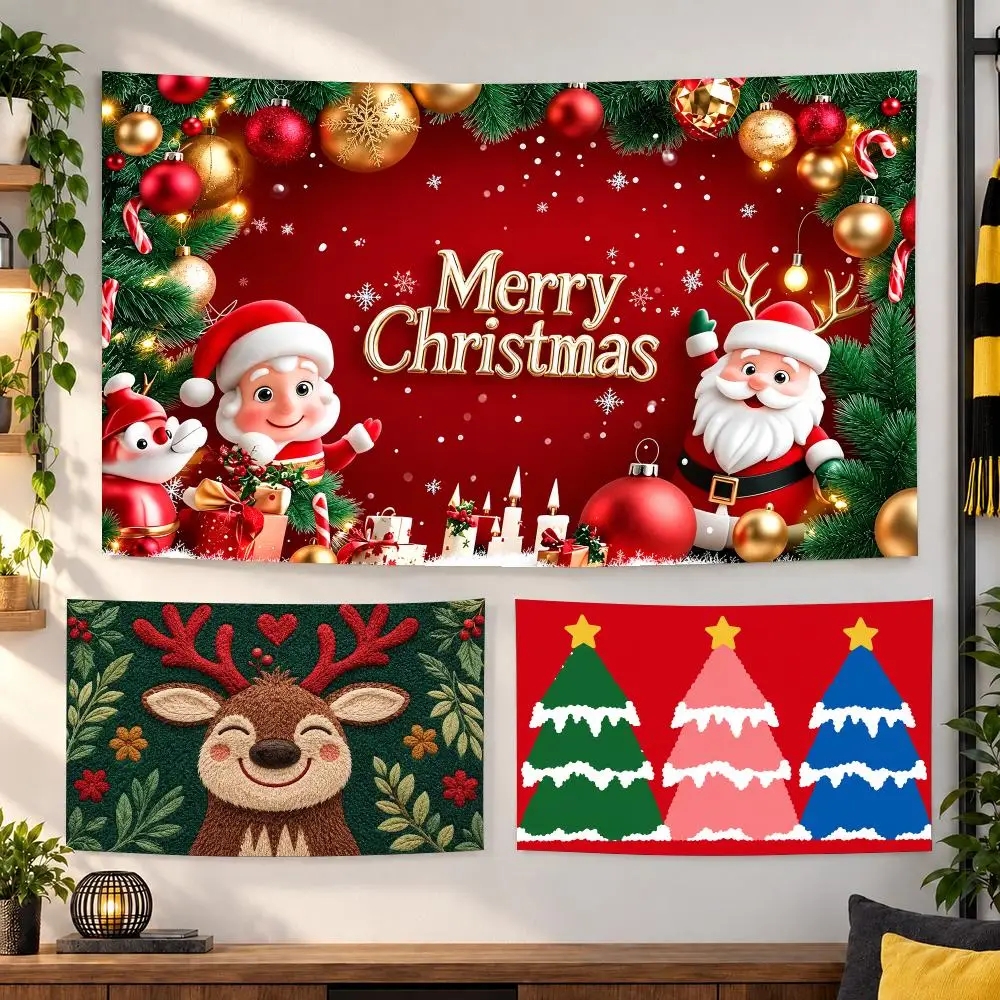 Christmas Festive Holiday Scenes Tapestry Custom Living Bedroom Party Dormitory Interior Wall Bohemian Decoration Attached Clip