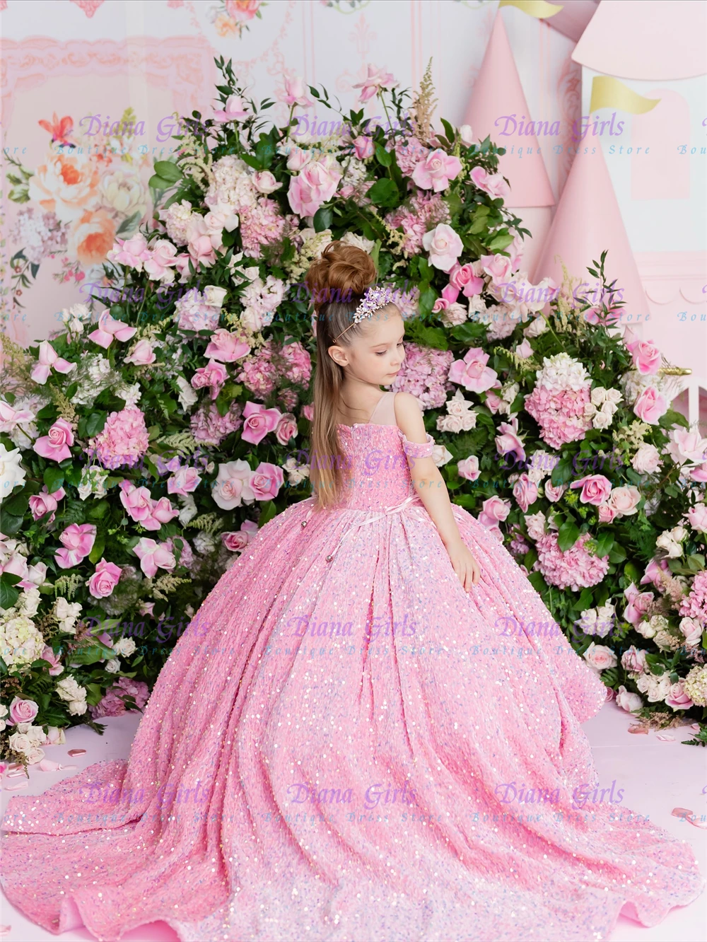 Quality Gorgeous Pink Flower Girl Dress Floral Appliques Elegant Floor Length Princess Birthday Party Evening Ball Gowns
