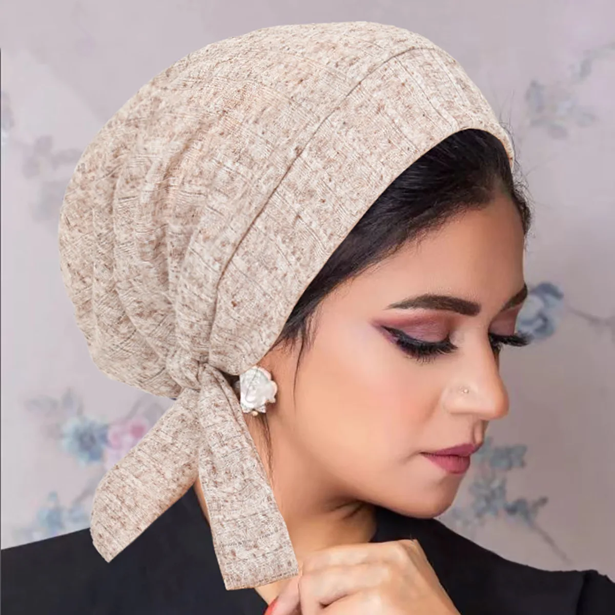Trendy Stripe Long Tail Hijab Turban Hats Muslim Solid Color Head Wraps Elastic Breathable Chemo Cap For Women Girls