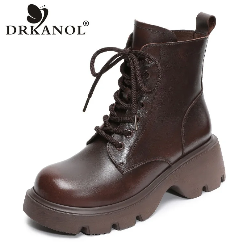 DRKANOL British Style Women Chunky Platform Boots 2026 Autumn Winter Retro Genuine Leather Thick High heel Warm Fur Ankle Boots