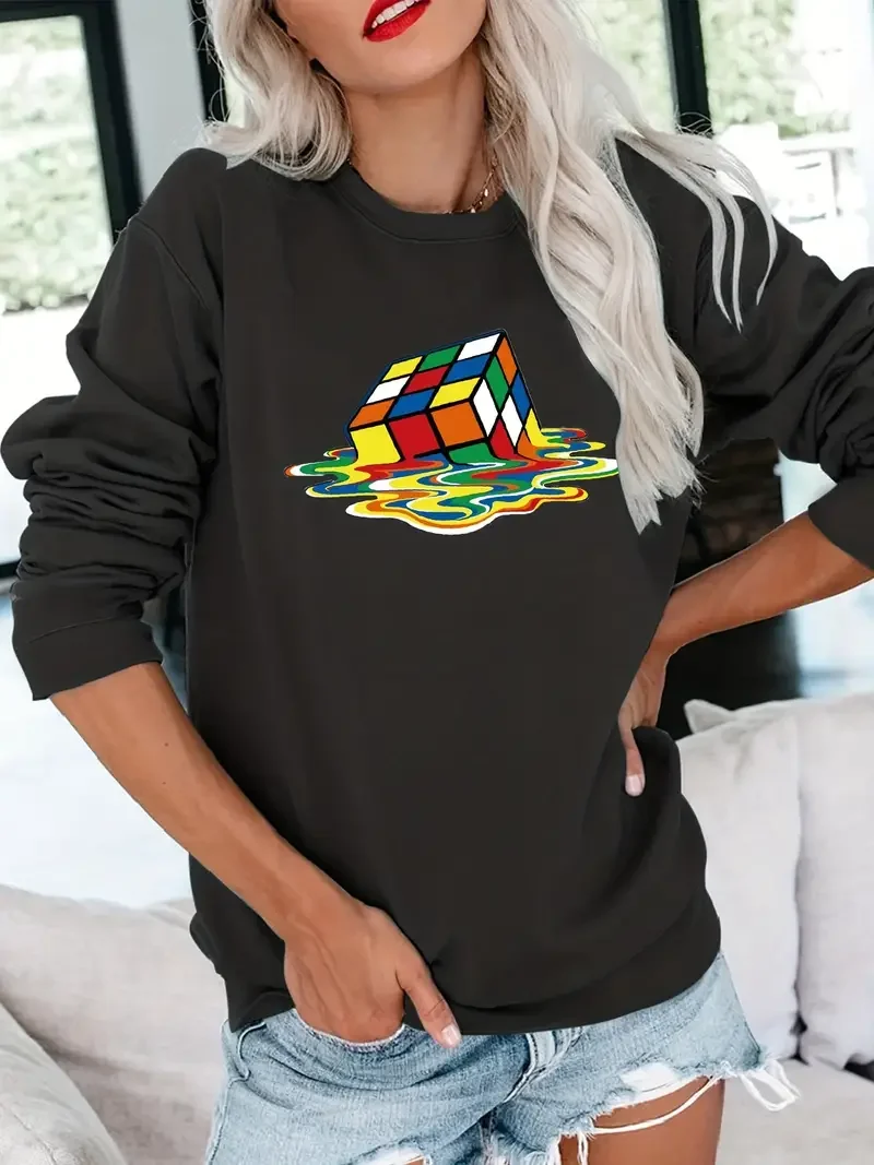 Melted Cube Print Sweatshirt, Casual Crew Neck Long Sleeve Sweatshirt, Women's Clothing