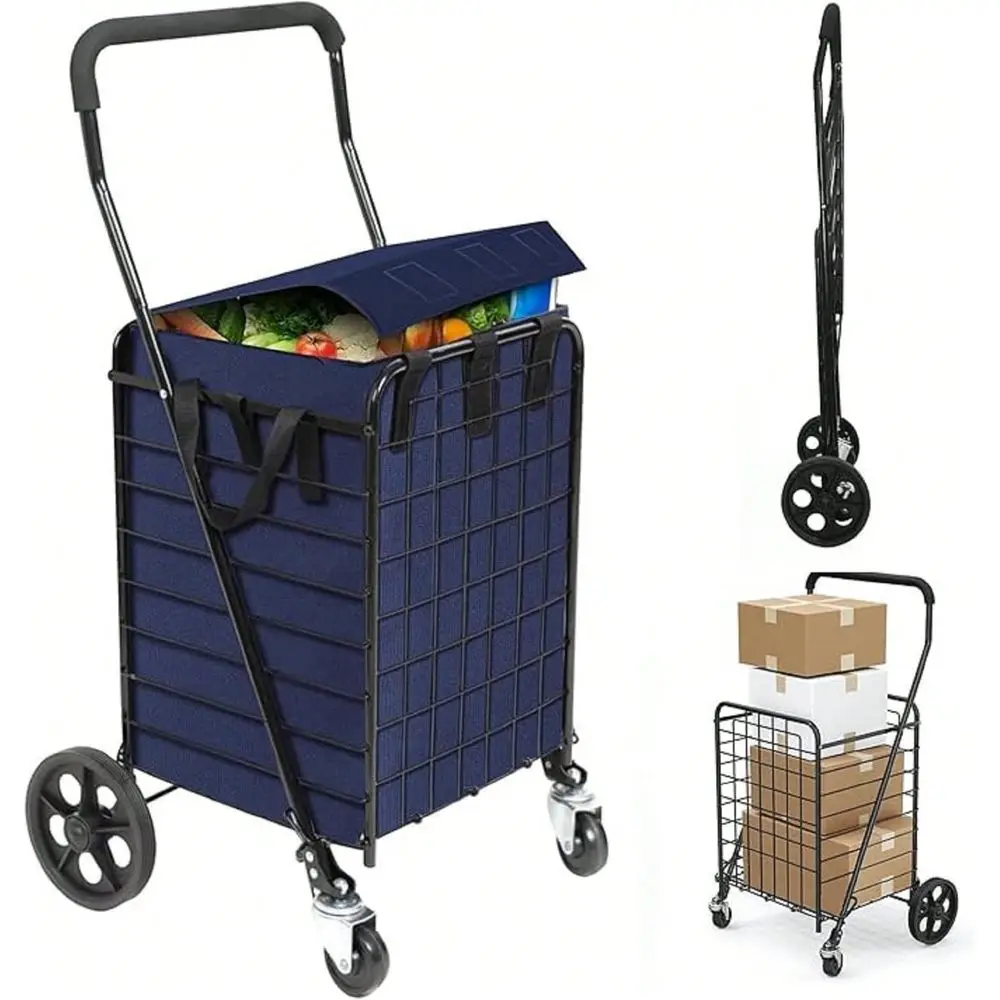 Shopping Cart With Waterproof Basket Liner 360 Swivel Wheels Collapsible, Lightweight Perfect For Groceries, Laundry, Utility F