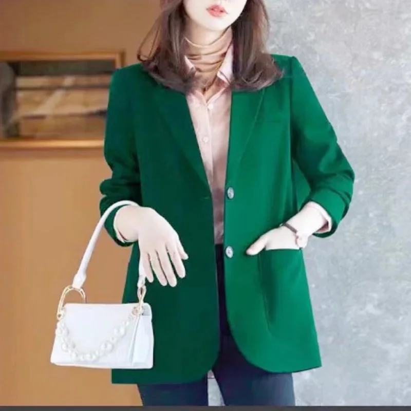 2023 Spring and Autumn Korean Edition Commuter Simple Loose Versatile Suit Collar Double Button Mid Length Solid Women's Suit